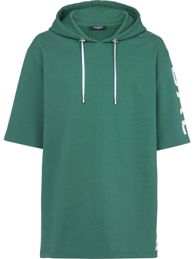 Shop Balmain Short-sleeved Cotton Hoodie In Green