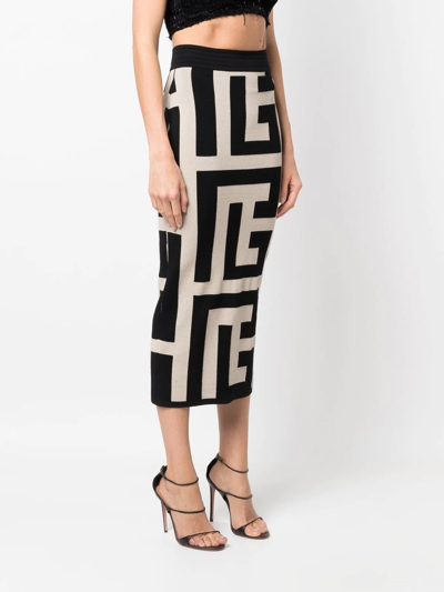 Shop Balmain Monogram Pattern Knitted Midi Skirt In Neutrals