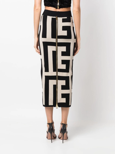 Shop Balmain Monogram Pattern Knitted Midi Skirt In Neutrals