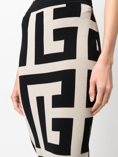 Shop Balmain Monogram Pattern Knitted Midi Skirt In Neutrals