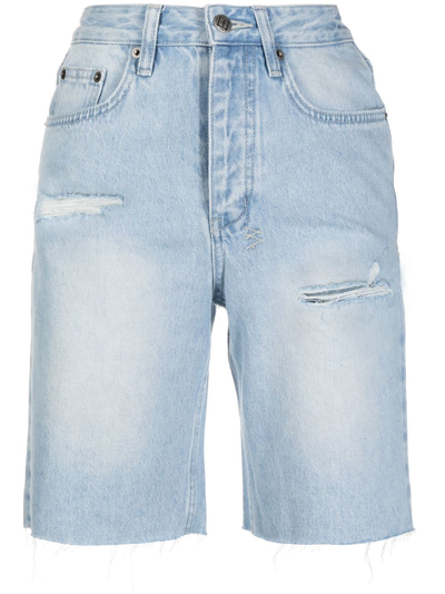 Shop Ksubi Longline Distressed Denim Shorts In Blue