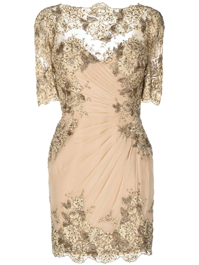 Shop Zuhair Murad Ruched Floral-lace Mini Dress In Gold
