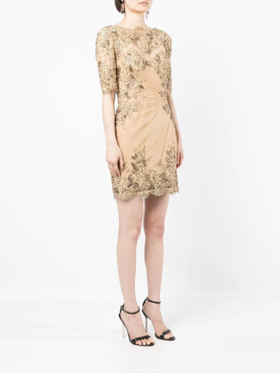 Shop Zuhair Murad Ruched Floral-lace Mini Dress In Gold