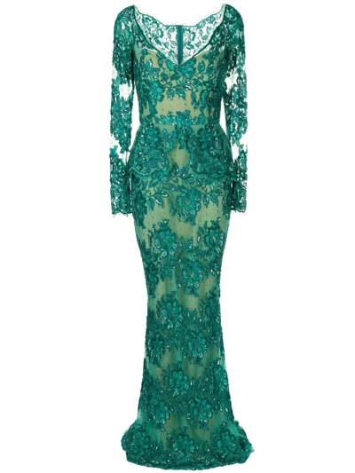 Shop Zuhair Murad Sequinned Floral-lace Gown In Grün