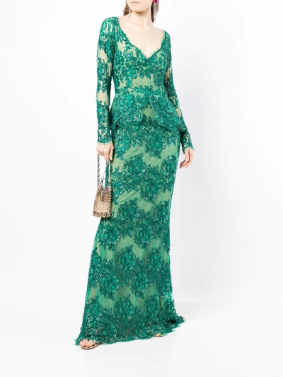 Shop Zuhair Murad Sequinned Floral-lace Gown In Grün