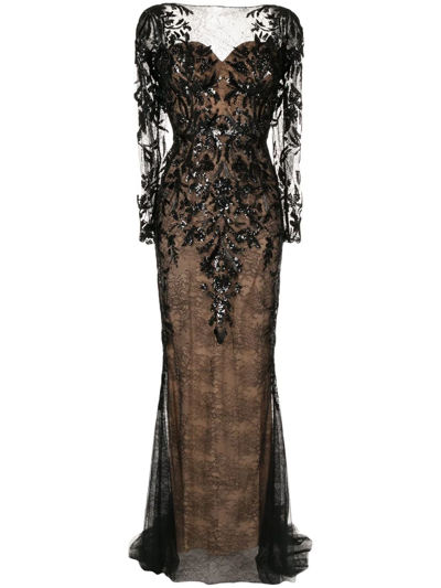 Shop Zuhair Murad Sequinned Floral-lace Gown In Schwarz