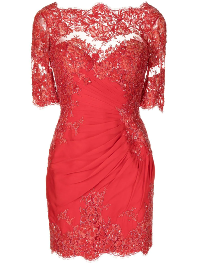 Shop Zuhair Murad Ruched Floral-lace Mini Dress In Rot