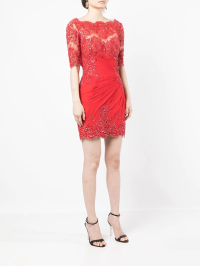 Shop Zuhair Murad Ruched Floral-lace Mini Dress In Rot