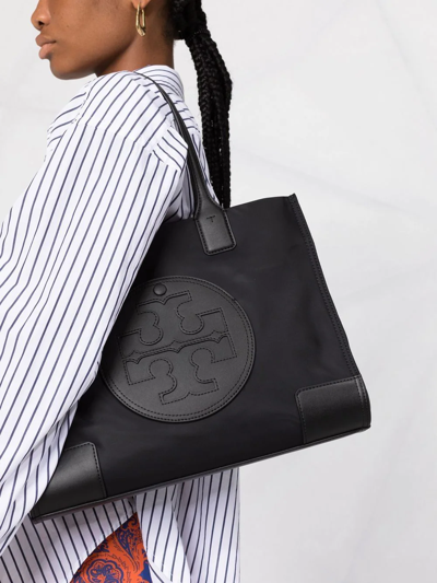 Tory Burch Small Ella Shopping Bag In Recycled Fabric With Front Logo In Black