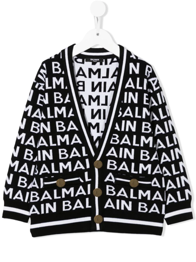 Shop Balmain Logo-knit Wool Cardigan In Schwarz