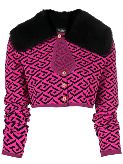 Shop Versace Embroidered Cropped Cardigan In Schwarz