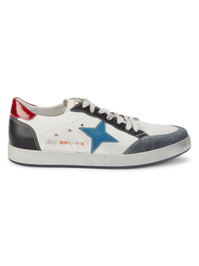 Shop Sepol Men's Estrella Distressed Leather Sneakers In White Blue