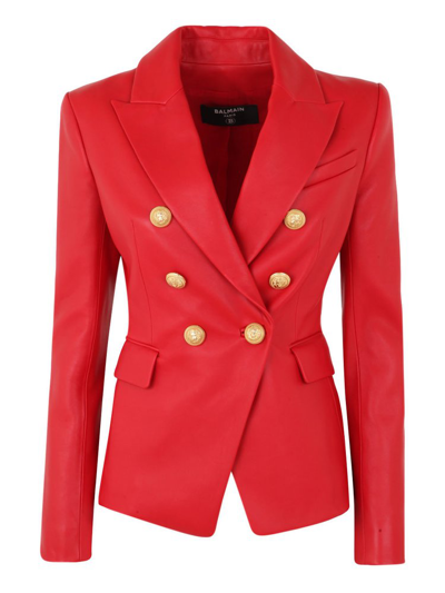 Shop Balmain Dart Detailed Double Breasted Blazer In Red