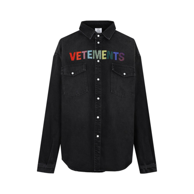 Shop Vetements Logo Embellished Denim Overshirt In Black