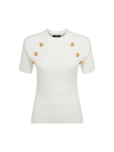 Shop Balmain Button Embellished Knitted Top In White
