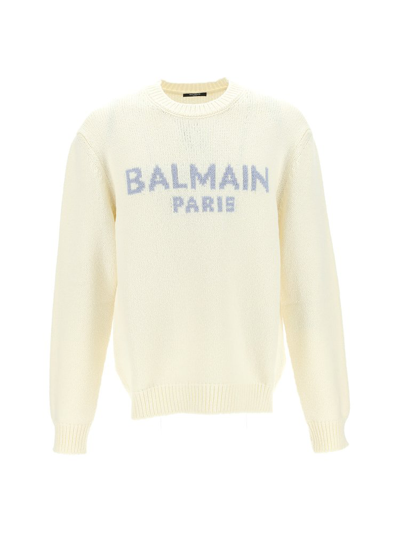 Shop Balmain Logo Intarsia Knit Jumper In White