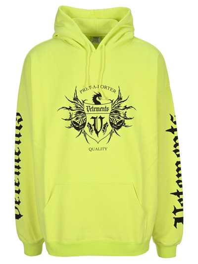 Shop Vetements Logo Printed Drawstring Hoodie In Yellow