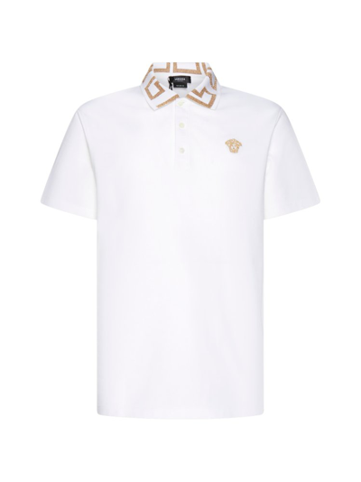 Shop Versace Greca Short Sleeved Polo Shirt In White