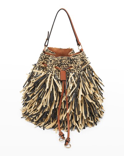 Shop Ulla Johnson Gigi Fringe Drawstring Bucket Bag In Noir Melange