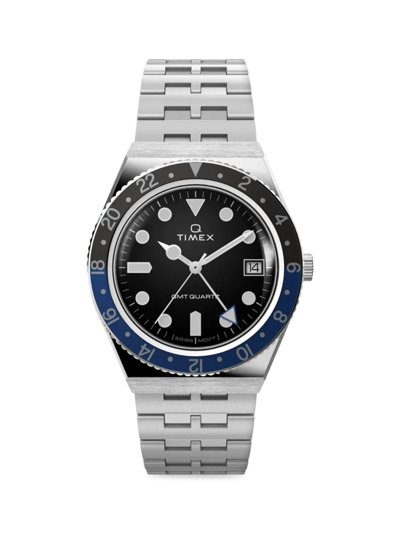 Shop Timex Men's Q Gmt Stainless Steel Bracelet Watch In Black