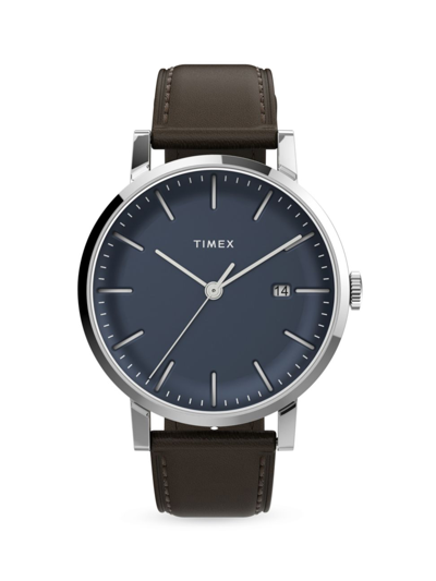 Shop Timex Men's Chicago Leather Strap Watch In Brown Blue