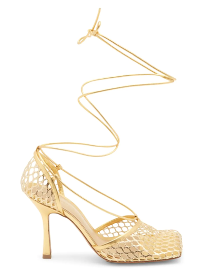 Shop Bottega Veneta Women's Stretch Metallic Leather Wraparound Sandals In Gold