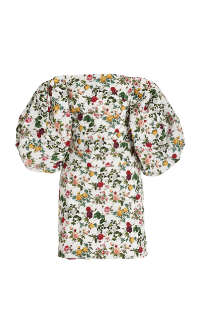 Shop Oscar De La Renta Rose-printed Cotton Off-the-shoulder Puff-sleeve Mini Dress In Floral