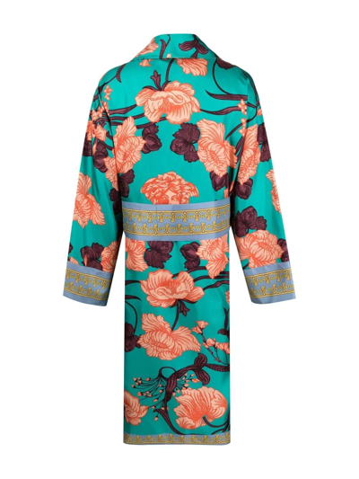 Versace Graphic-print Silk Robe In Blue