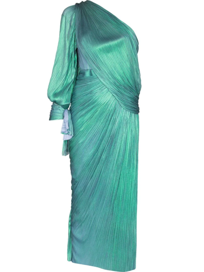 Shop Maria Lucia Hohan One-shoulder Metallic Silk Dress In Green
