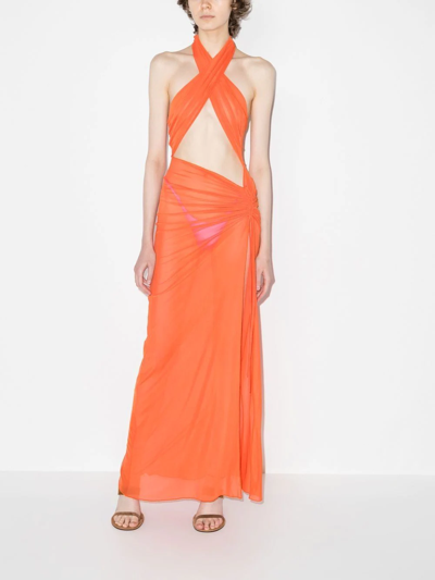 Shop Kim Shui Halterneck Mesh Wrap Gown In Orange
