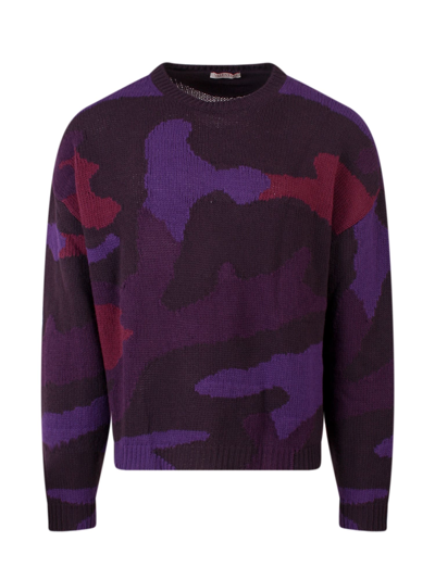 Shop Valentino Camouflage Motif Long-sleeved Jumper In Purple