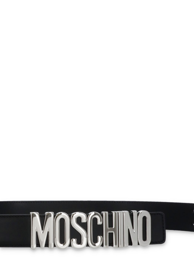 Shop Moschino Logo Leather Belt In Fantasia Nero