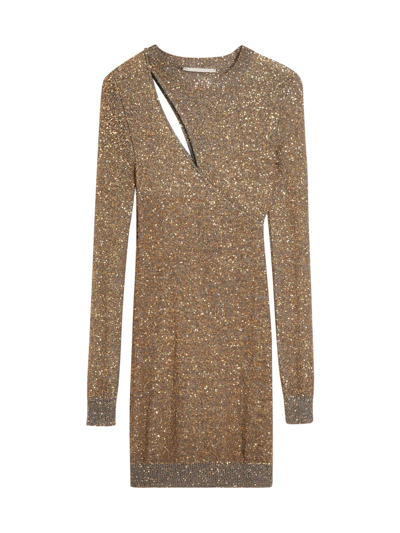 Shop Stella Mccartney Sequin Drip Knit Mini Dress In Grey Gold
