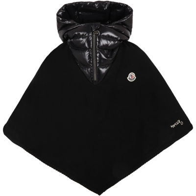 Shop Moncler Black Poncho For Girl With Patch Logo And White Logo