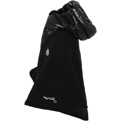 Shop Moncler Black Poncho For Girl With Patch Logo And White Logo