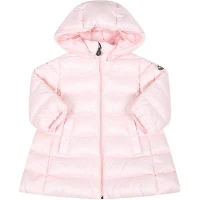 Shop Moncler Pink Down-jacket For Baby Girl With Iconic Logo Patch