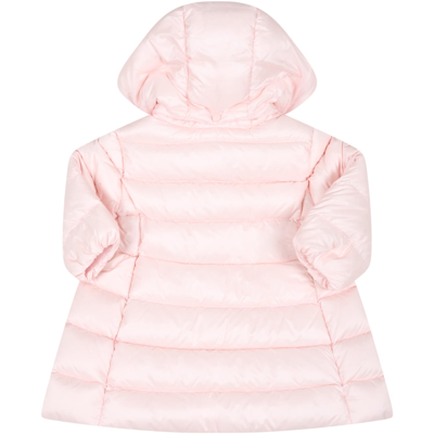 Shop Moncler Pink Down-jacket For Baby Girl With Iconic Logo Patch
