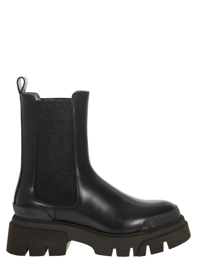Shop Brunello Cucinelli Leather Chelsea Boot With Precious Detail In Black