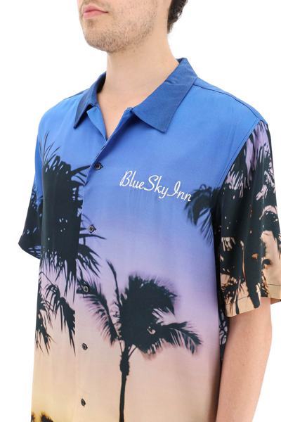 Shop Blue Sky Inn Printed-satin Bowling Shirt In Orange,blue,purple