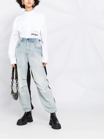 Palm Angels Logo Embroidered Fringed Shirt In White Black