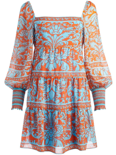 Shop Alice And Olivia Rowen Geometric-print Babydoll Dress In Orange