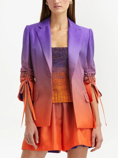 Shop Oscar De La Renta Two-tone Ruched-sleeves Blazer In Purple