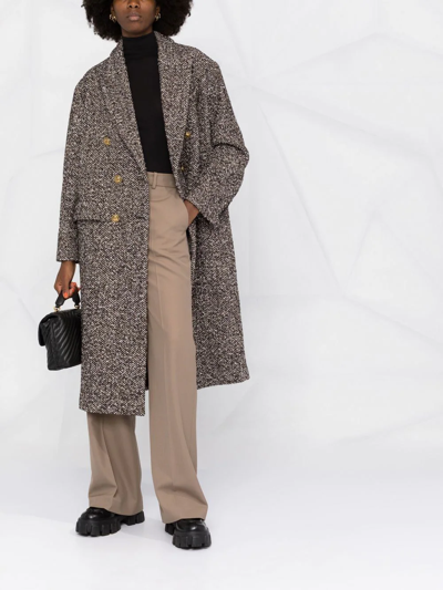 Shop Pinko Herringbone Double-breasted Coat In Braun