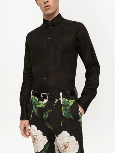 Shop Dolce & Gabbana Martini-fit Logo-embroidered Linen Shirt In Schwarz