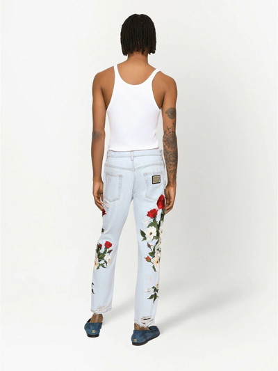 Shop Dolce & Gabbana Distressed Floral-print Jeans In Blau