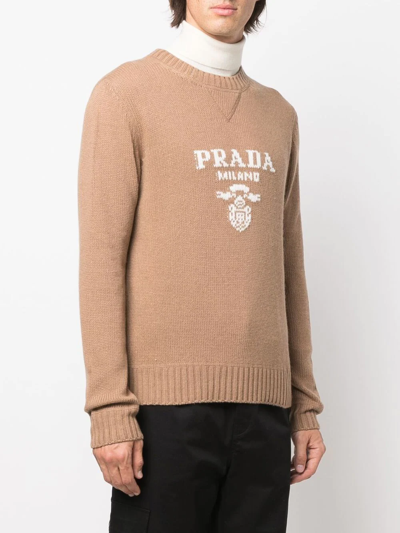 Shop Prada Logo-intarsia Cashmere-wool Jumper In Brown