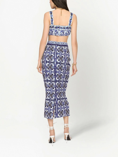 Dolce & Gabbana High Waist Stretch Silk Charmeuse A-line Midi Skirt In Blue