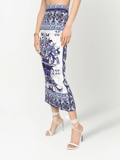Dolce & Gabbana High Waist Stretch Silk Charmeuse A-line Midi Skirt In Blue