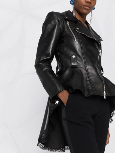 Shop Alexander Mcqueen Lace-trim Peplum Leather Jacket In Schwarz