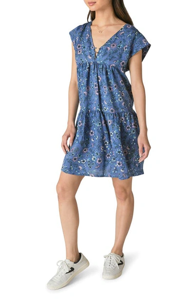Shop Lucky Brand Floral Tiered Cotton Blend Peasant Dress In Indigo Multi